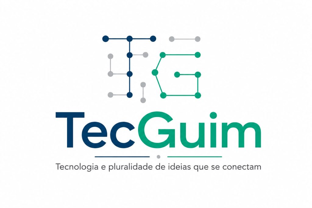 Logotipo, malha de pontos que se conectam com T e G ciscunscritos nas cores Azul e verde. Abaixo, TecGuim, Tecnologia e pluralidade de ideias que se conectam