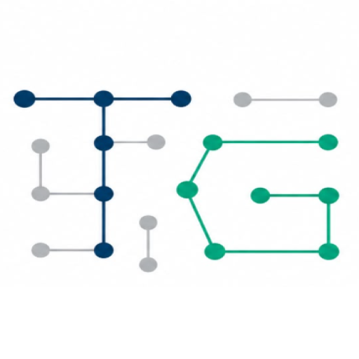 Logotipo, malha de pontos que se conectam com T e G ciscunscritos nas cores Azul e verde