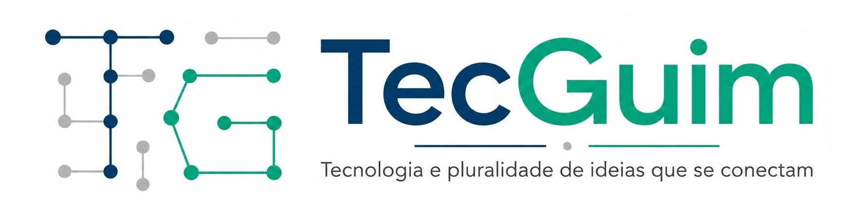 Logotipo, malha de pontos que se conectam com T e G ciscunscritos nas cores Azul e verde. a direita em letras grandes TecGuim, abaixo Tecnologia e pluralidade de ideias que se conectam